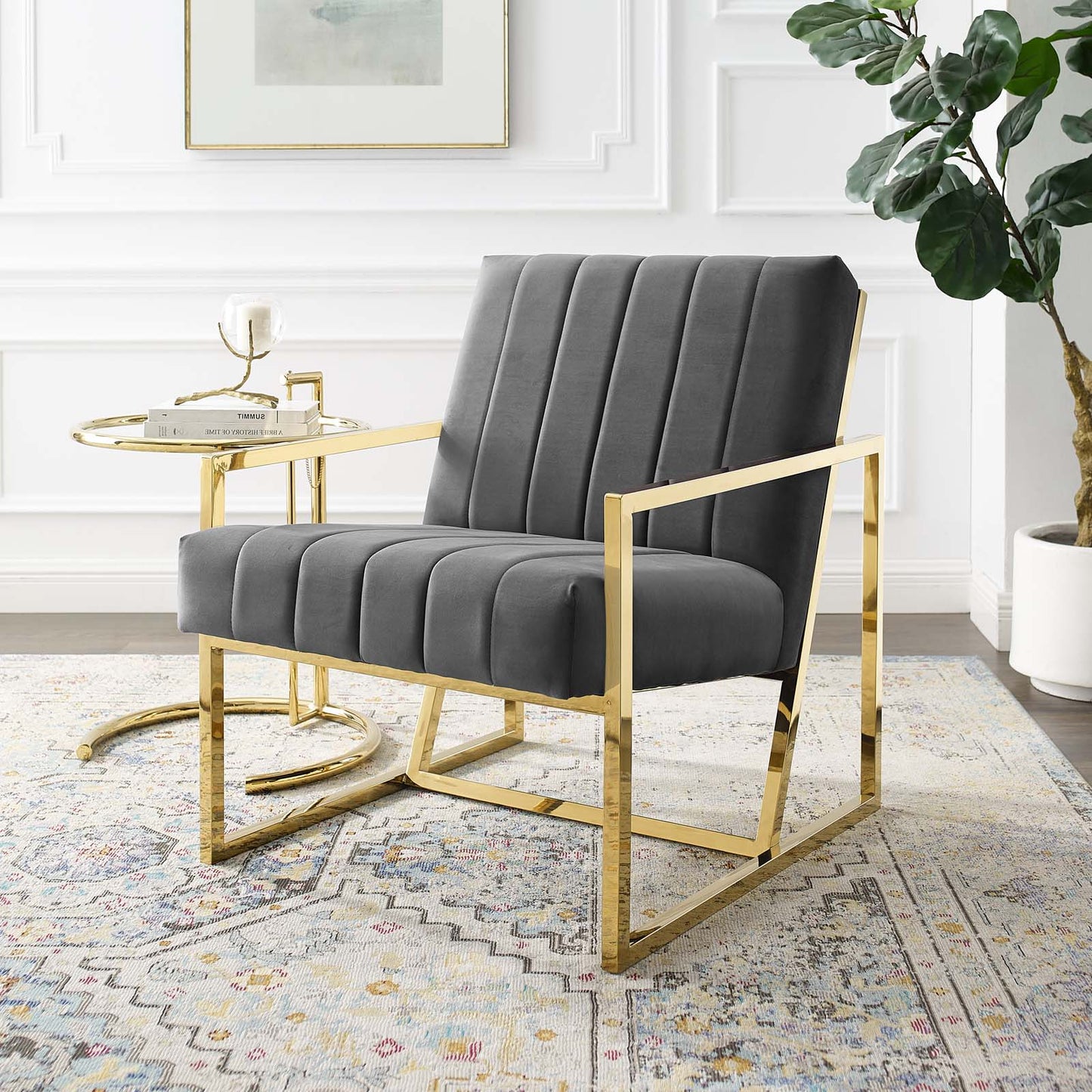 Inspire Channel Tufted Performance Velvet Armchair, Velvet, Dark Grey Gray, 18777