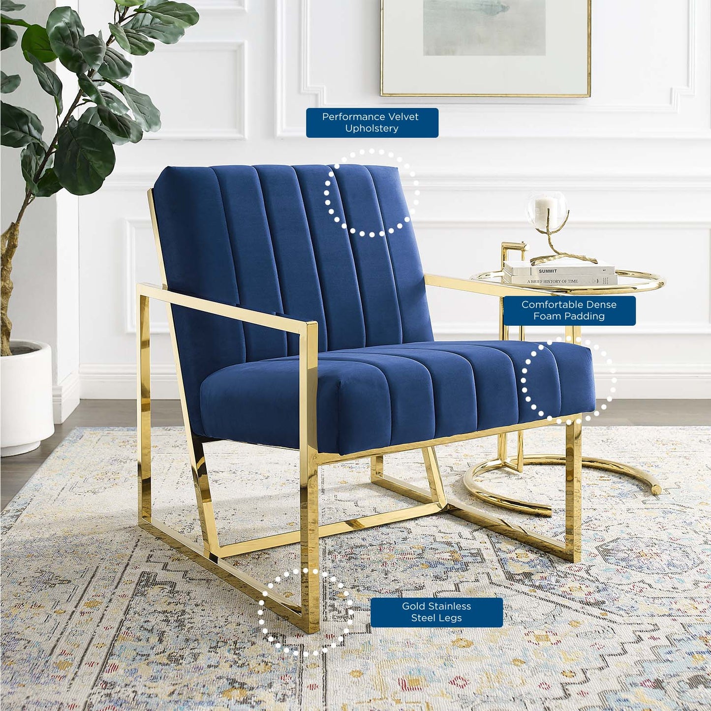 Inspire Channel Tufted Performance Velvet Armchair, Velvet, Blue Navy, 18779