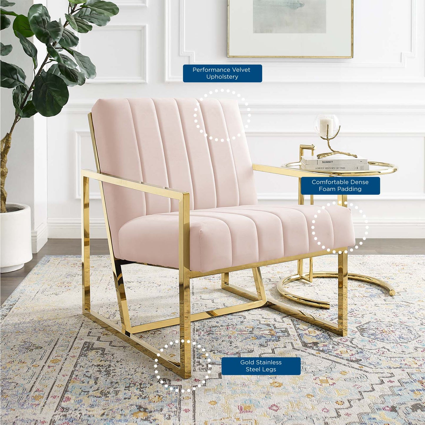 Inspire Channel Tufted Performance Velvet Armchair, Velvet, Pink, 18780