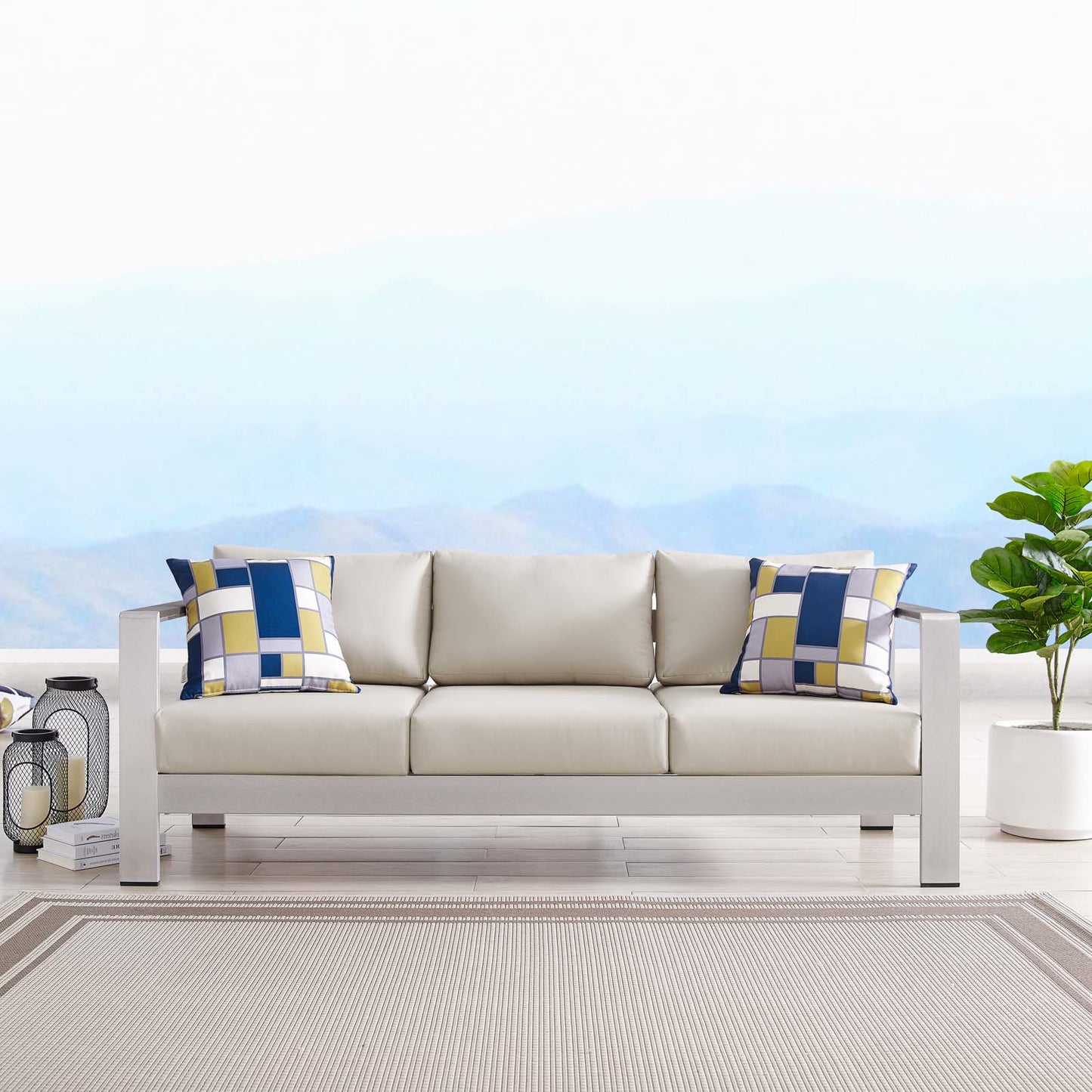 Shore Outdoor Patio Aluminum Sofa, Aluminum, Metal, Steel, Silver Beige, 18786