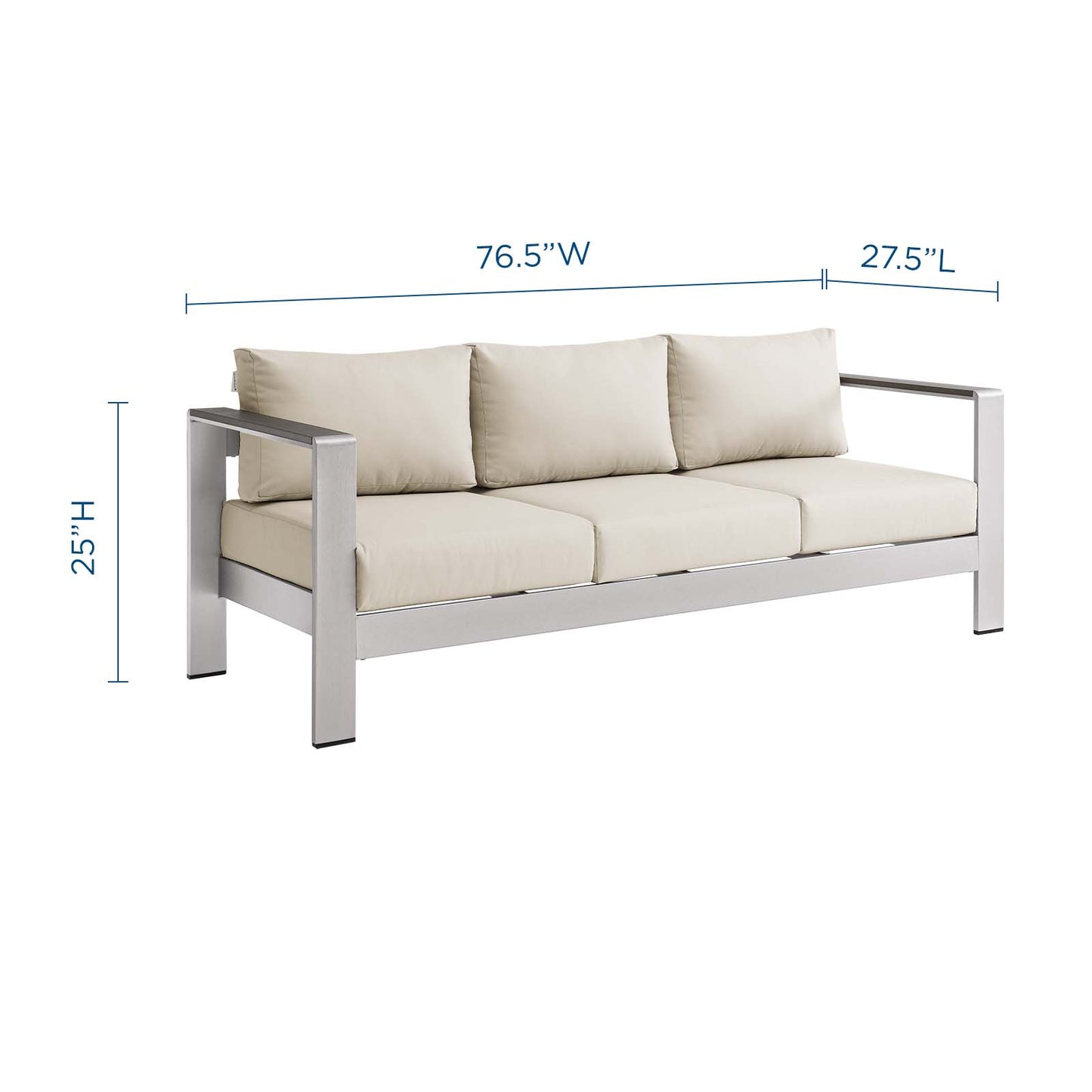 Shore Outdoor Patio Aluminum Sofa, Aluminum, Metal, Steel, Silver Beige, 18786