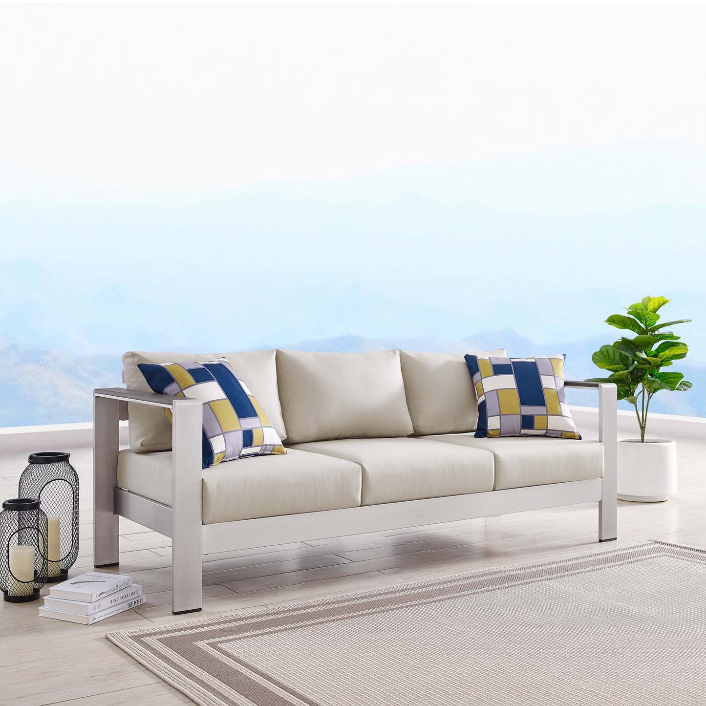 Shore Outdoor Patio Aluminum Sofa, Aluminum, Metal, Steel, Silver Beige, 18786