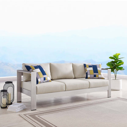Shore Outdoor Patio Aluminum Sofa, Aluminum, Metal, Steel, Silver Beige, 18786