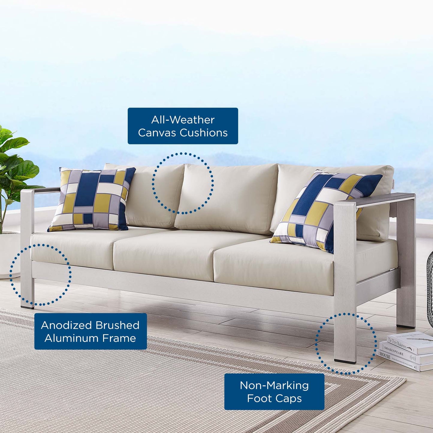 Shore Outdoor Patio Aluminum Sofa, Aluminum, Metal, Steel, Silver Beige, 18786