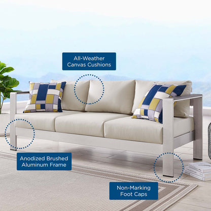 Shore Outdoor Patio Aluminum Sofa, Aluminum, Metal, Steel, Silver Beige, 18786