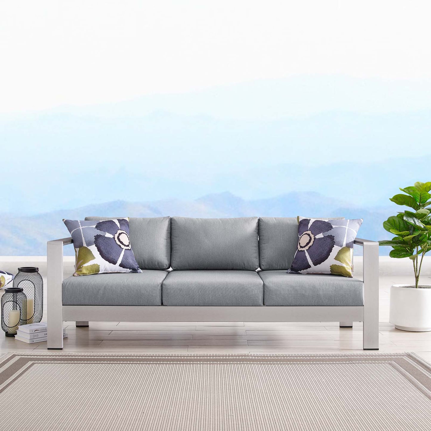 Shore Outdoor Patio Aluminum Sofa, Aluminum, Metal, Steel, Silver Grey Gray, 18787