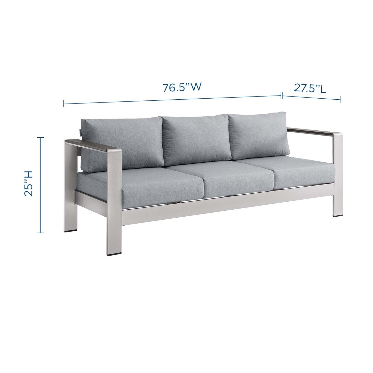 Shore Outdoor Patio Aluminum Sofa, Aluminum, Metal, Steel, Silver Grey Gray, 18787