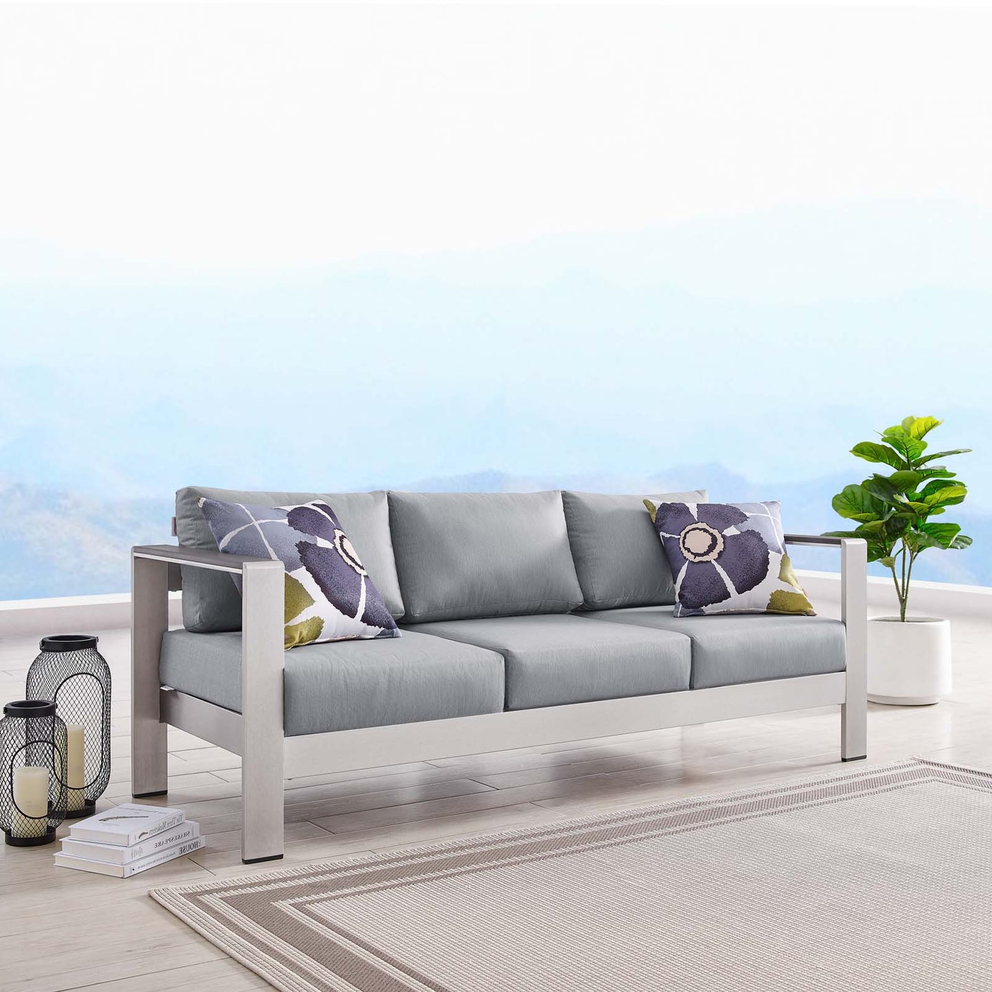 Shore Outdoor Patio Aluminum Sofa, Aluminum, Metal, Steel, Silver Grey Gray, 18787