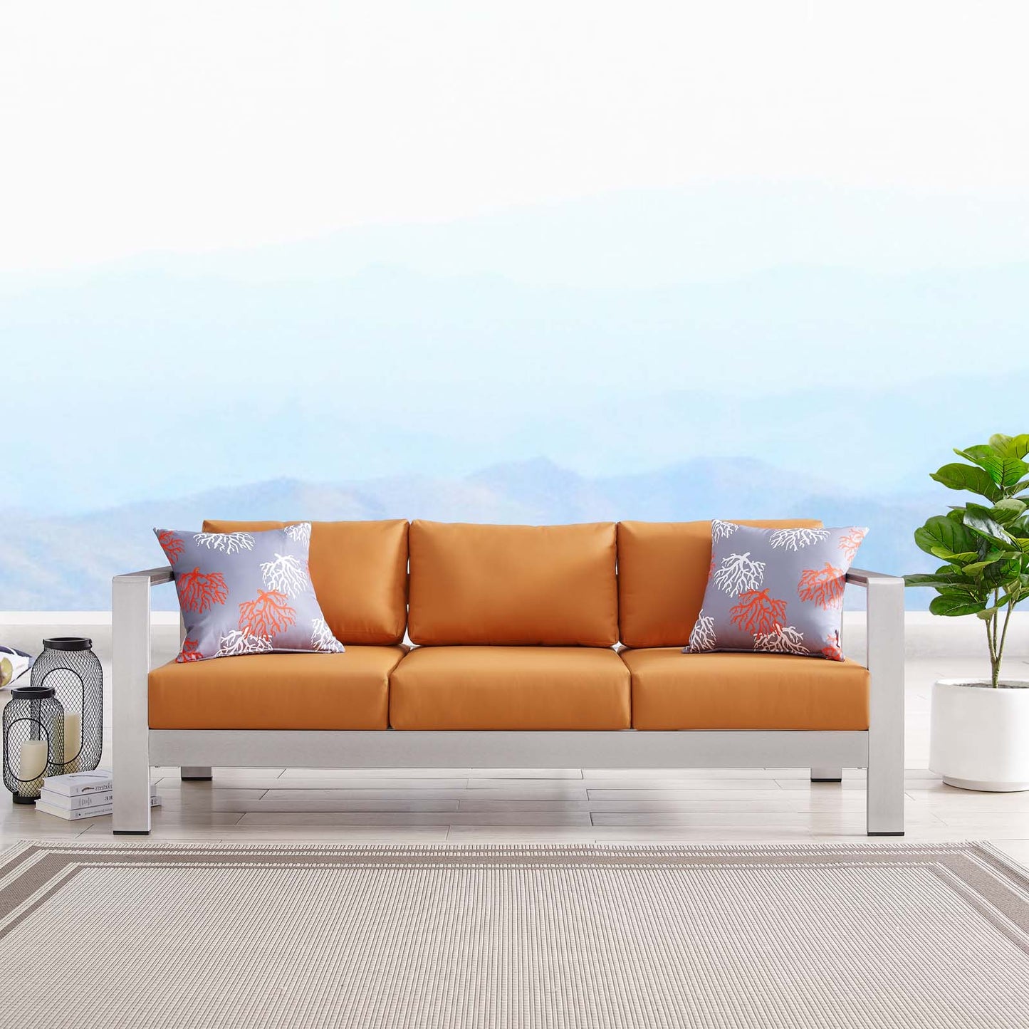 Shore Outdoor Patio Aluminum Sofa, Aluminum, Metal, Steel, Silver Orange, 18789