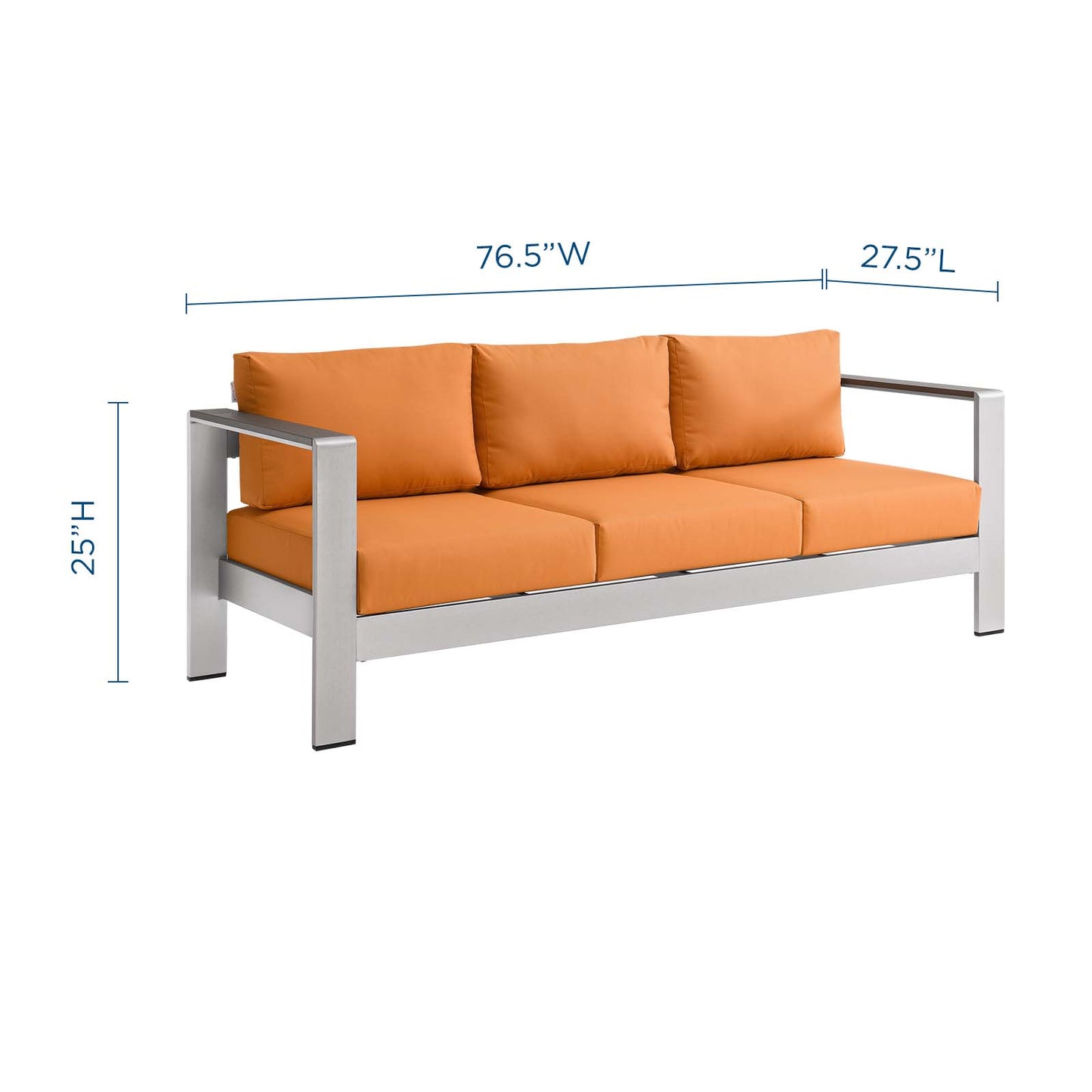 Shore Outdoor Patio Aluminum Sofa, Aluminum, Metal, Steel, Silver Orange, 18789