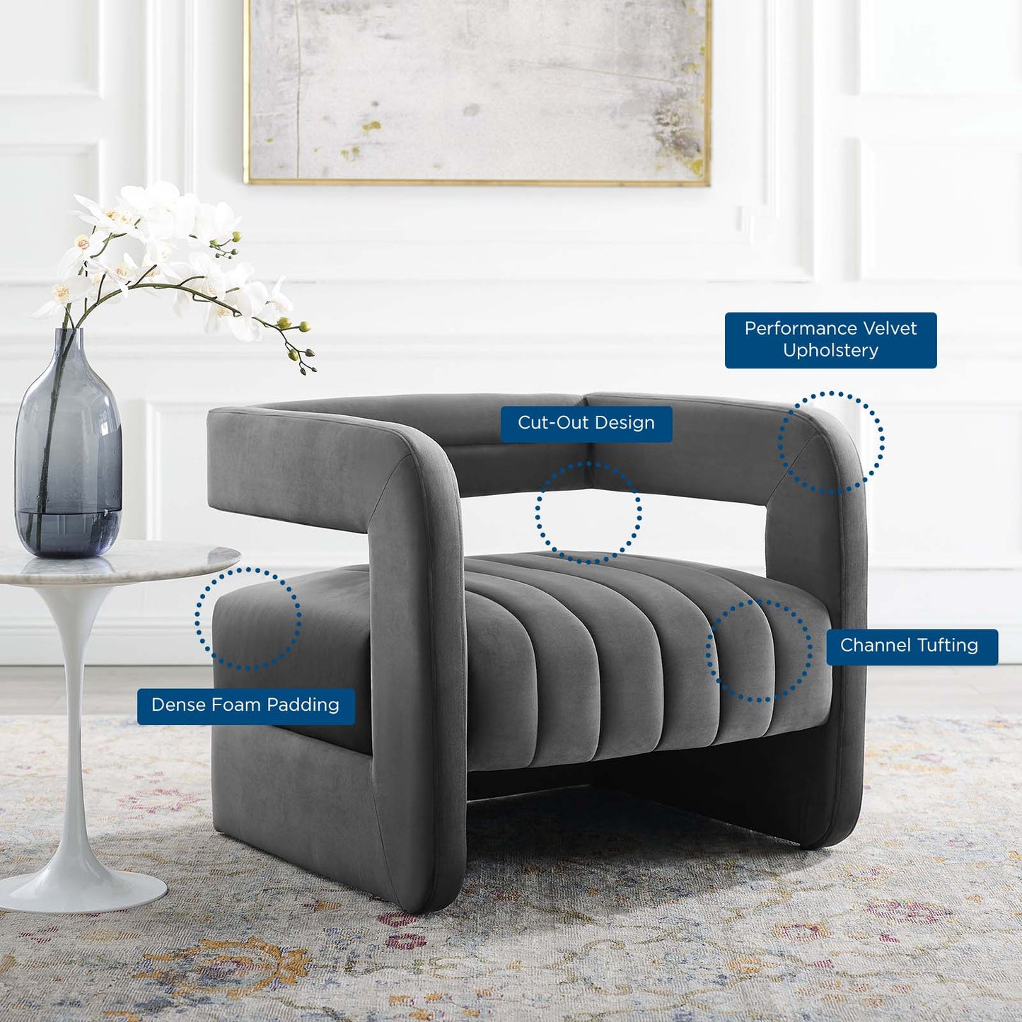 Range Tufted Performance Velvet Accent Armchair, Velvet, Dark Grey Gray, 18793