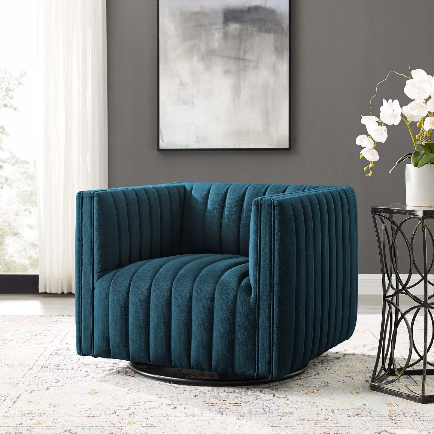 Conjure Tufted Swivel Upholstered Armchair, Fabric, Navy Blue, 18803