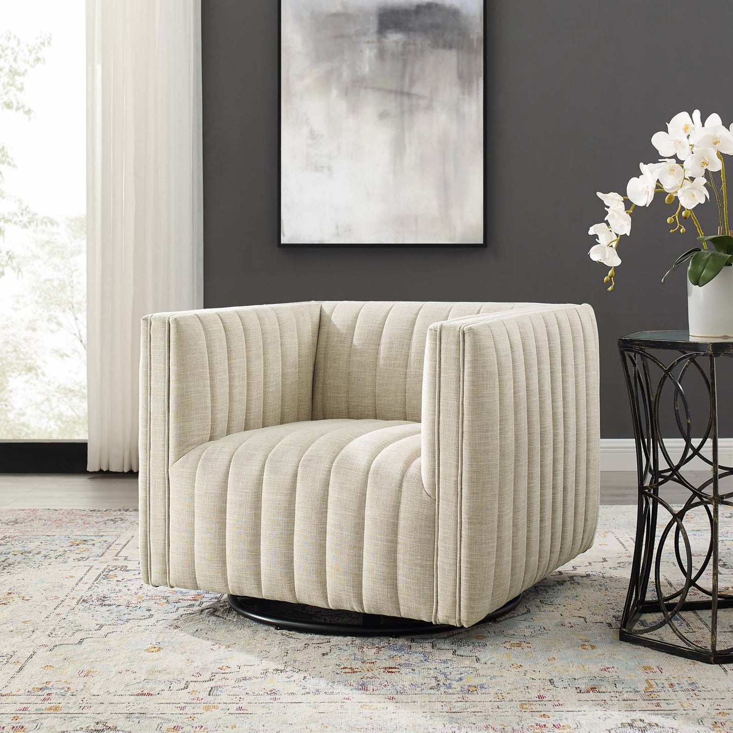 Conjure Tufted Swivel Upholstered Armchair, Fabric, Beige, 18804