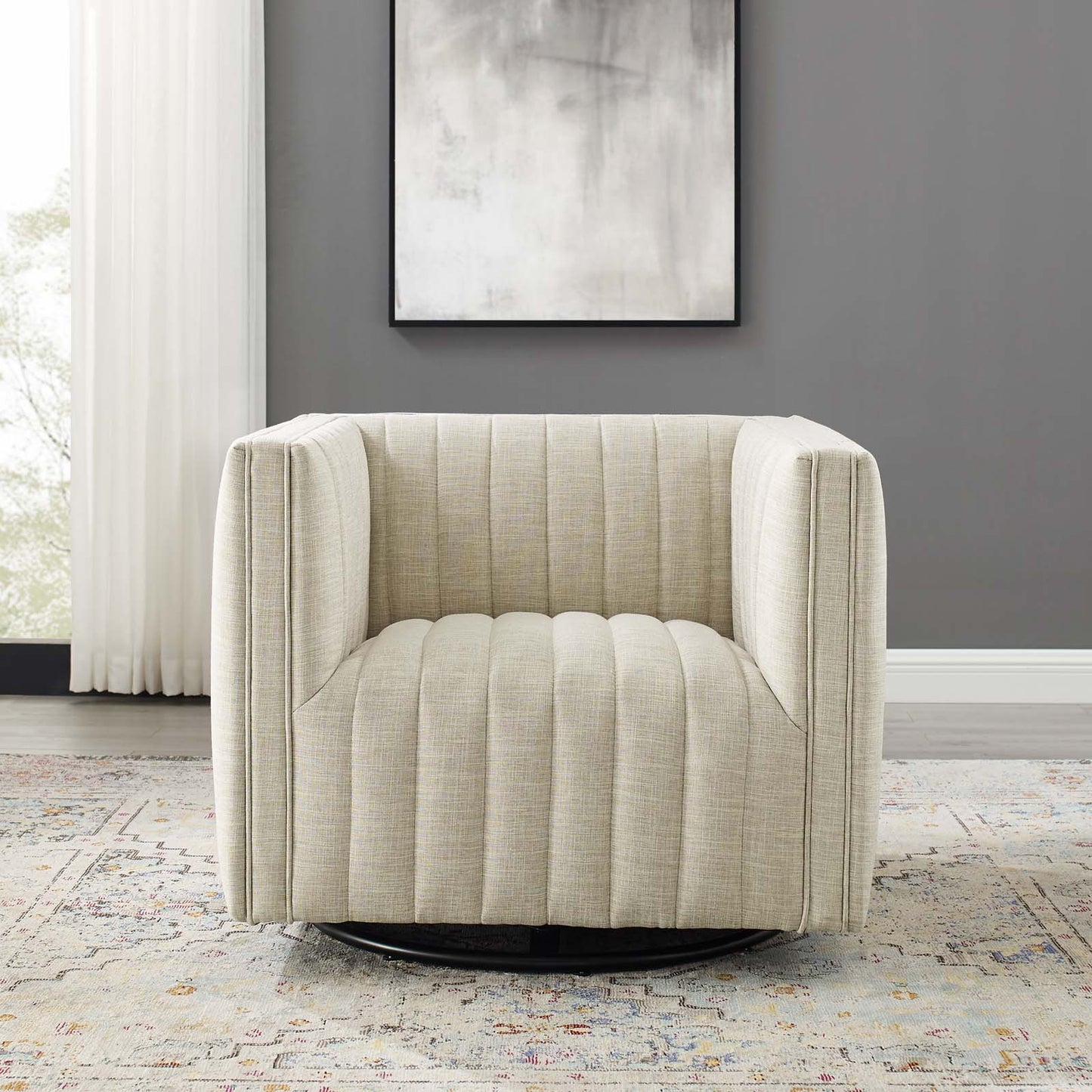 Conjure Tufted Swivel Upholstered Armchair, Fabric, Beige, 18804