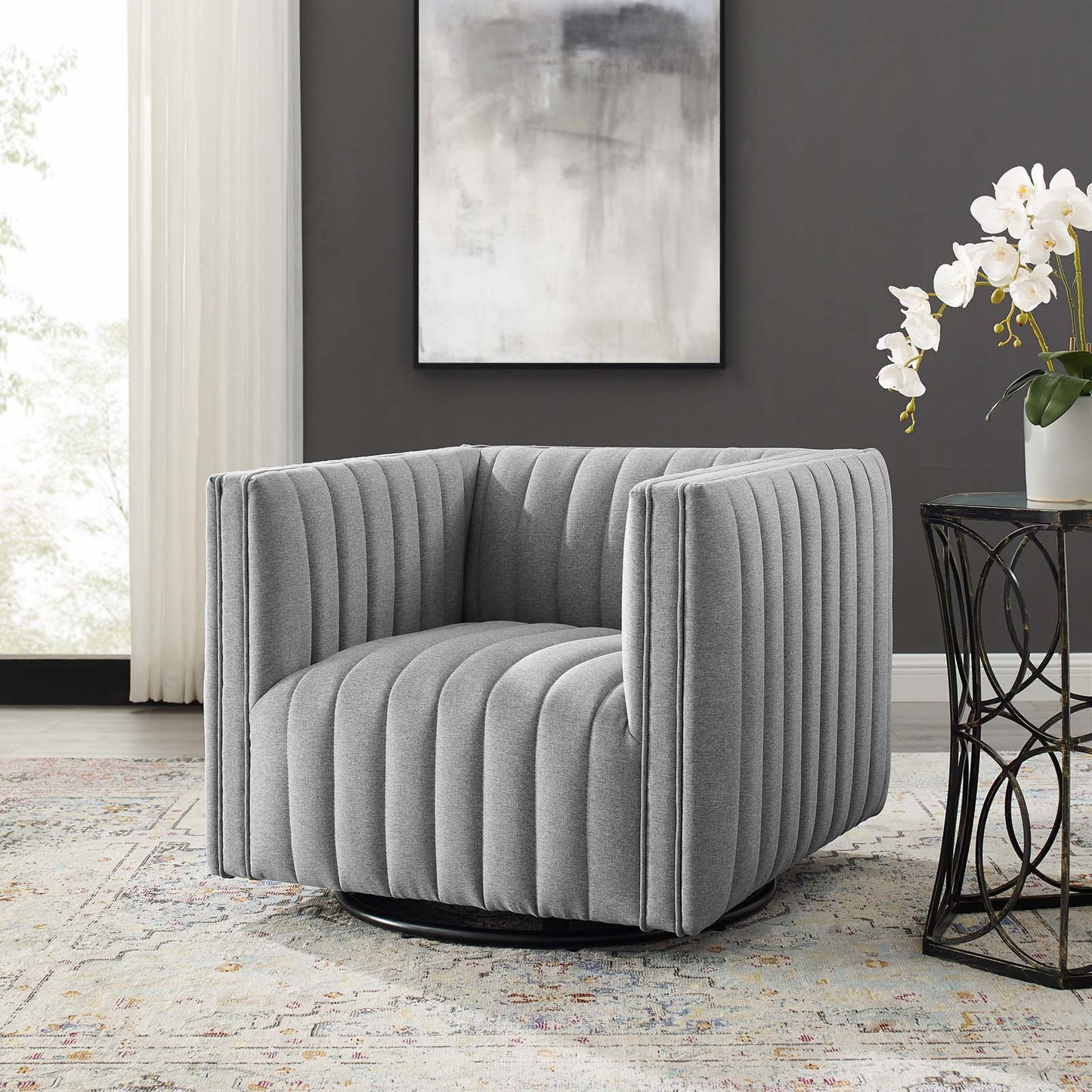 Conjure Tufted Swivel Upholstered Armchair, Fabric, Light Grey Gray, 18805