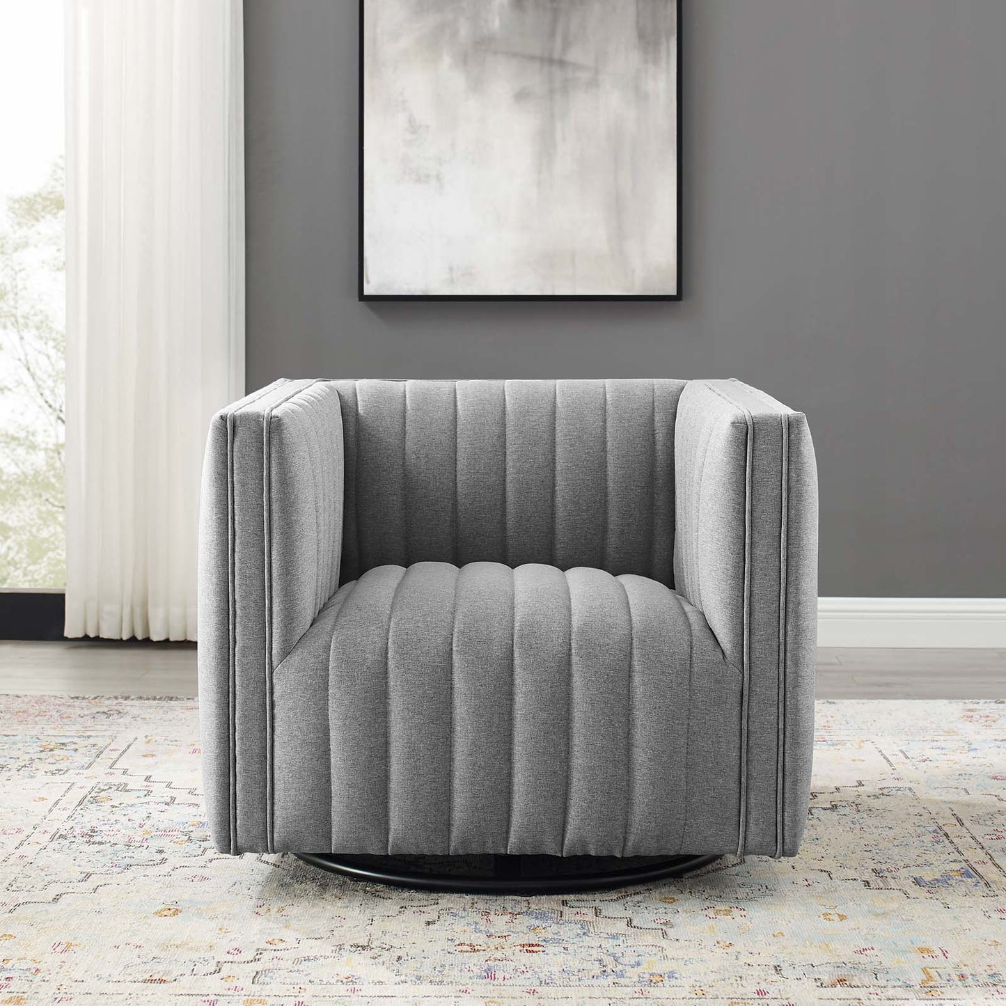 Conjure Tufted Swivel Upholstered Armchair, Fabric, Light Grey Gray, 18805