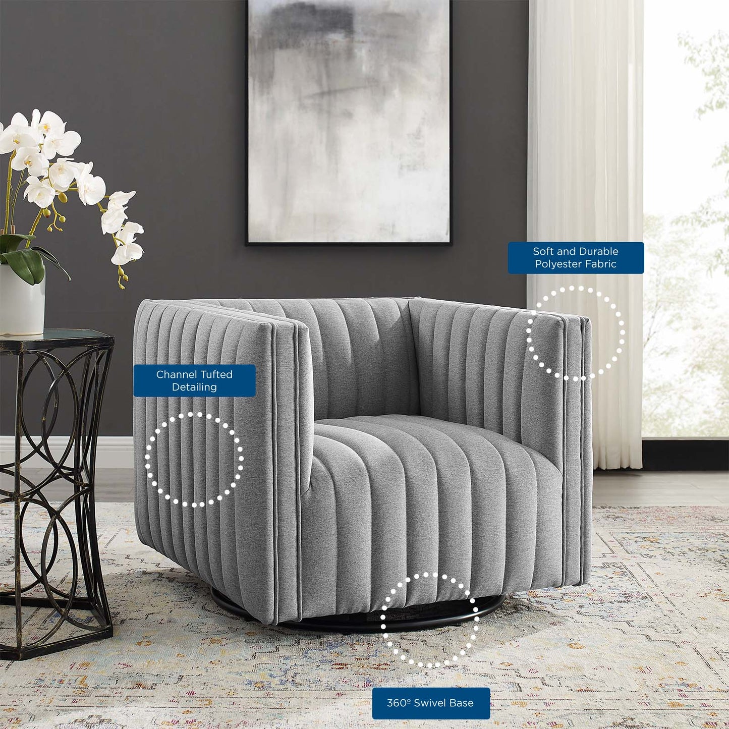 Conjure Tufted Swivel Upholstered Armchair, Fabric, Light Grey Gray, 18805