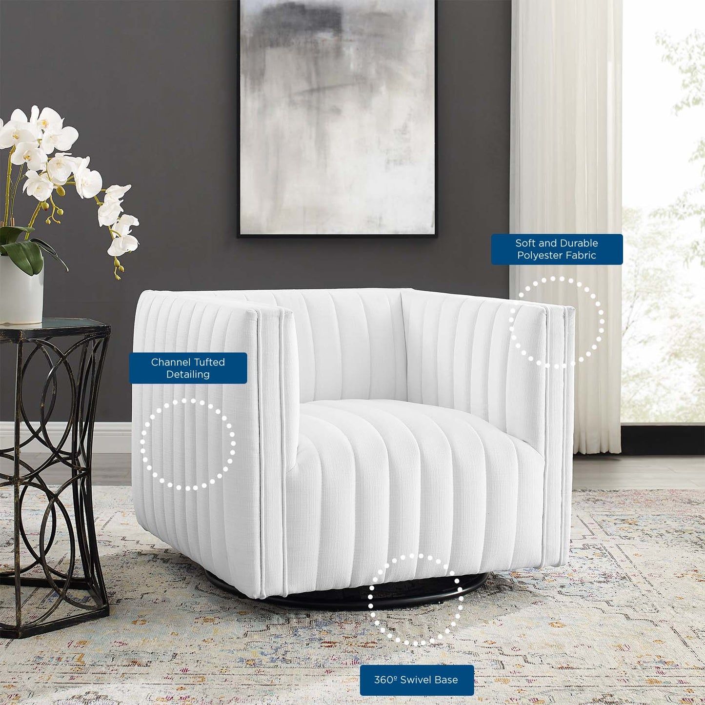 Conjure Tufted Swivel Upholstered Armchair, Fabric, White, 18806
