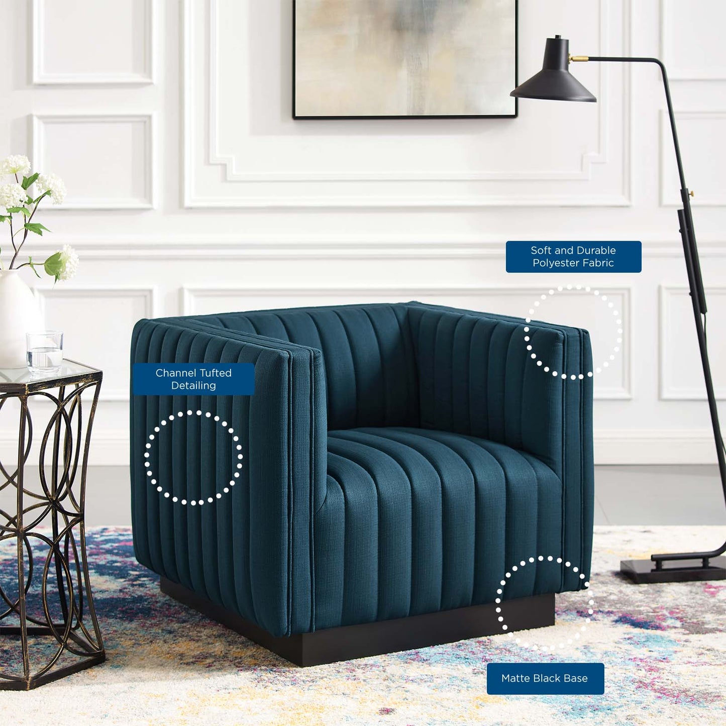 Conjure Tufted Upholstered Fabric Armchair, Fabric, Navy Blue, 18807