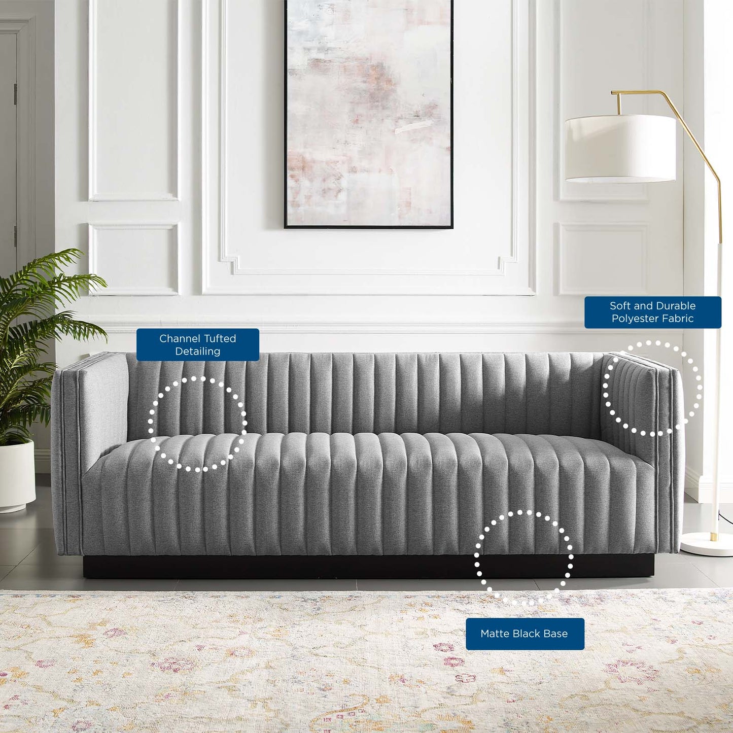 Conjure Tufted Upholstered Fabric Sofa, Fabric, Light Grey Gray, 18813