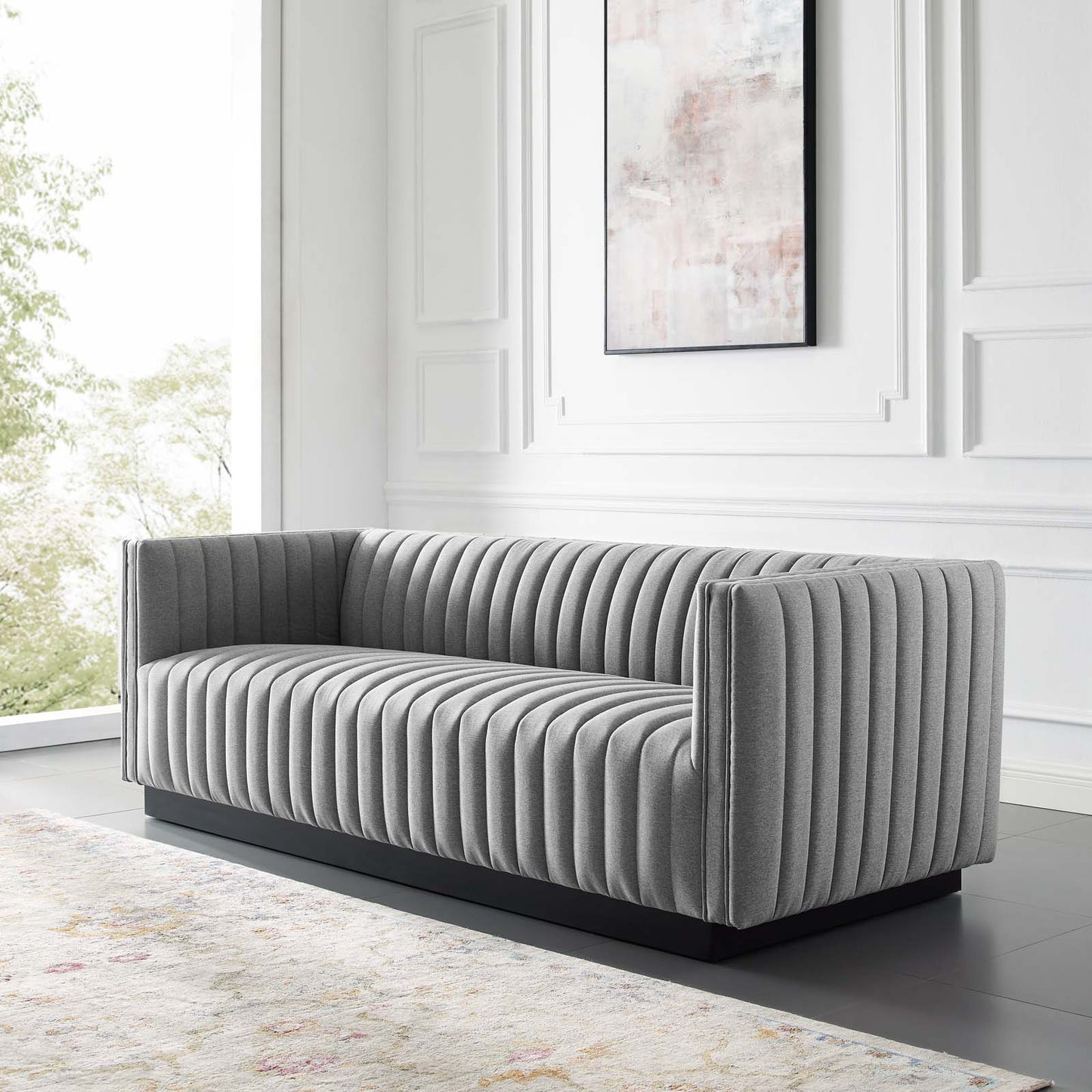 Conjure Tufted Upholstered Fabric Sofa, Fabric, Light Grey Gray, 18813