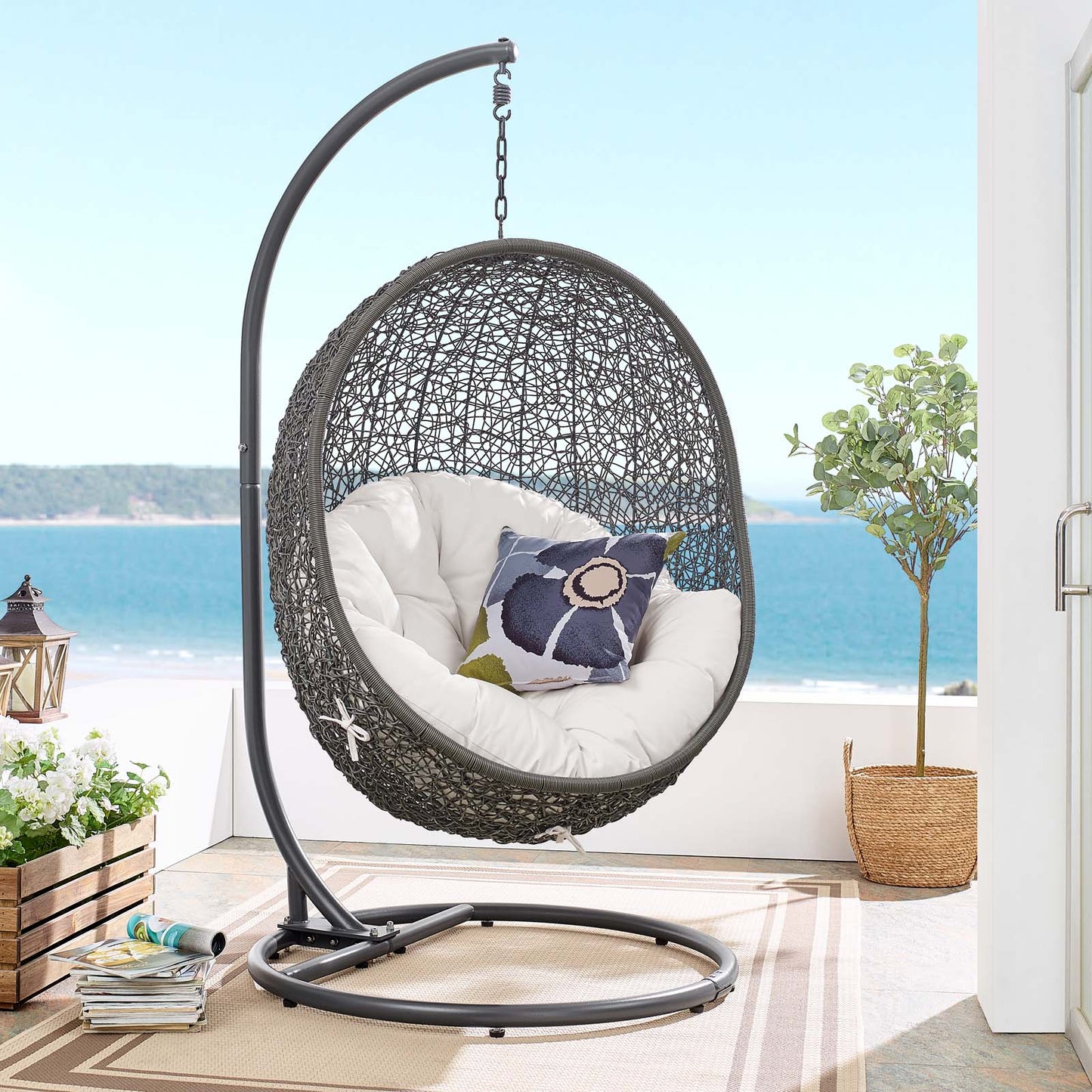 Hide Outdoor Patio Sunbrella® Swing Chair With Stand, Grey Gray White, 18818