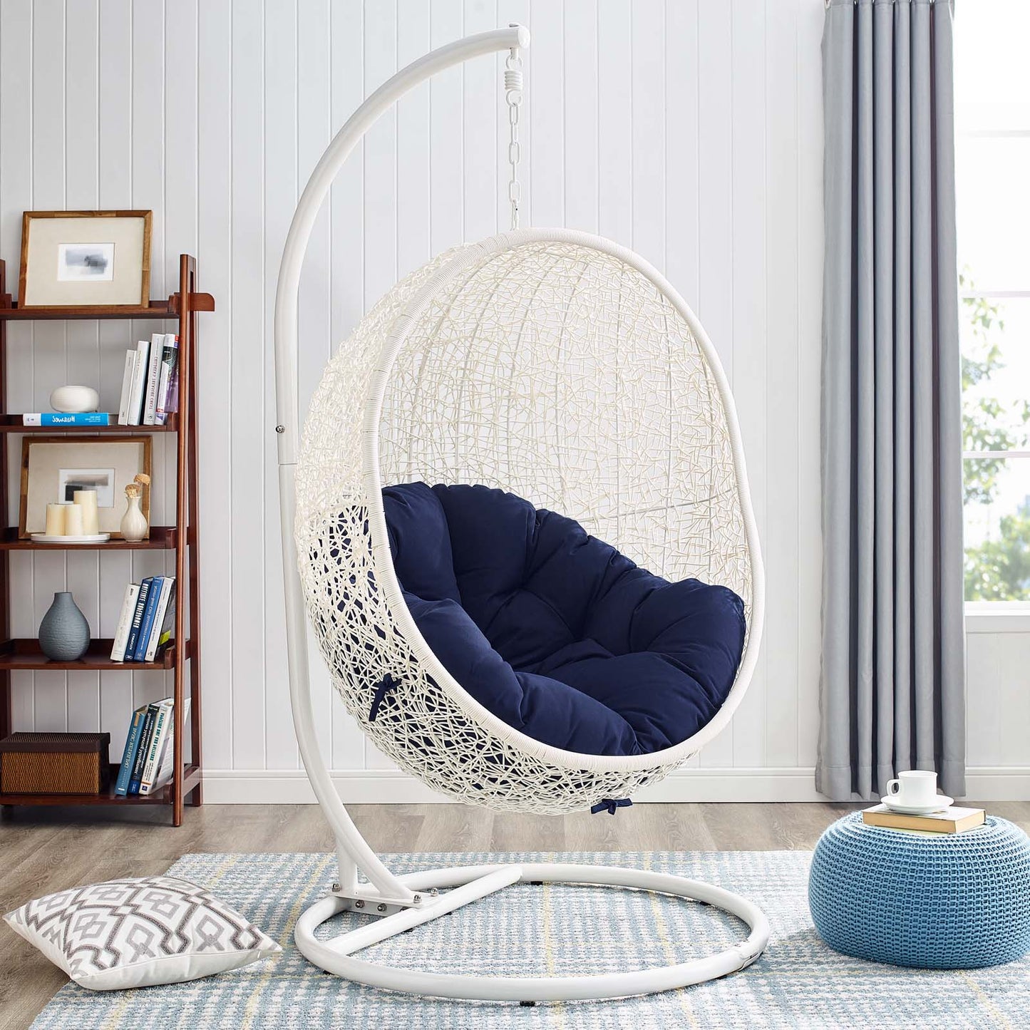 Hide Outdoor Patio Sunbrella® Swing Chair With Stand, White Blue Navy, 18821