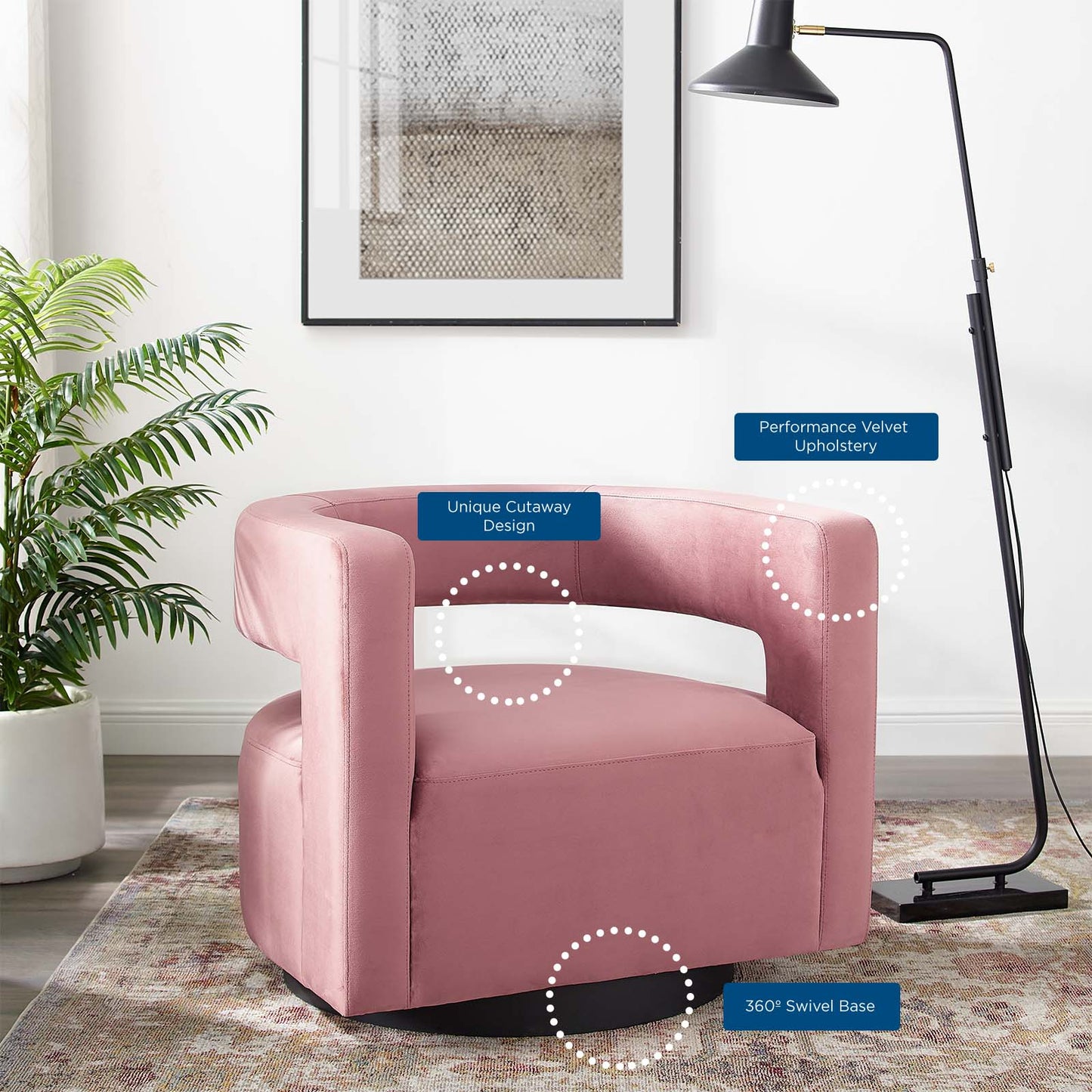 Spin Cutaway Performance Velvet Swivel Armchair, Velvet, Pink, 18829