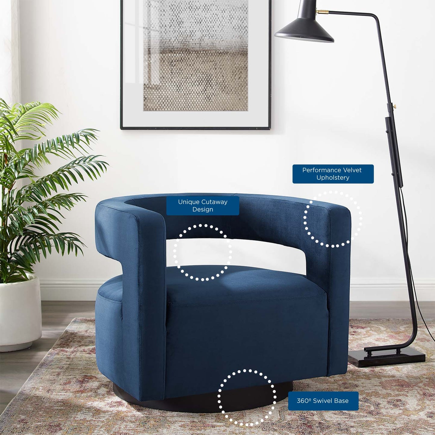 Spin Cutaway Performance Velvet Swivel Armchair, Velvet, Dark Blue, 18831
