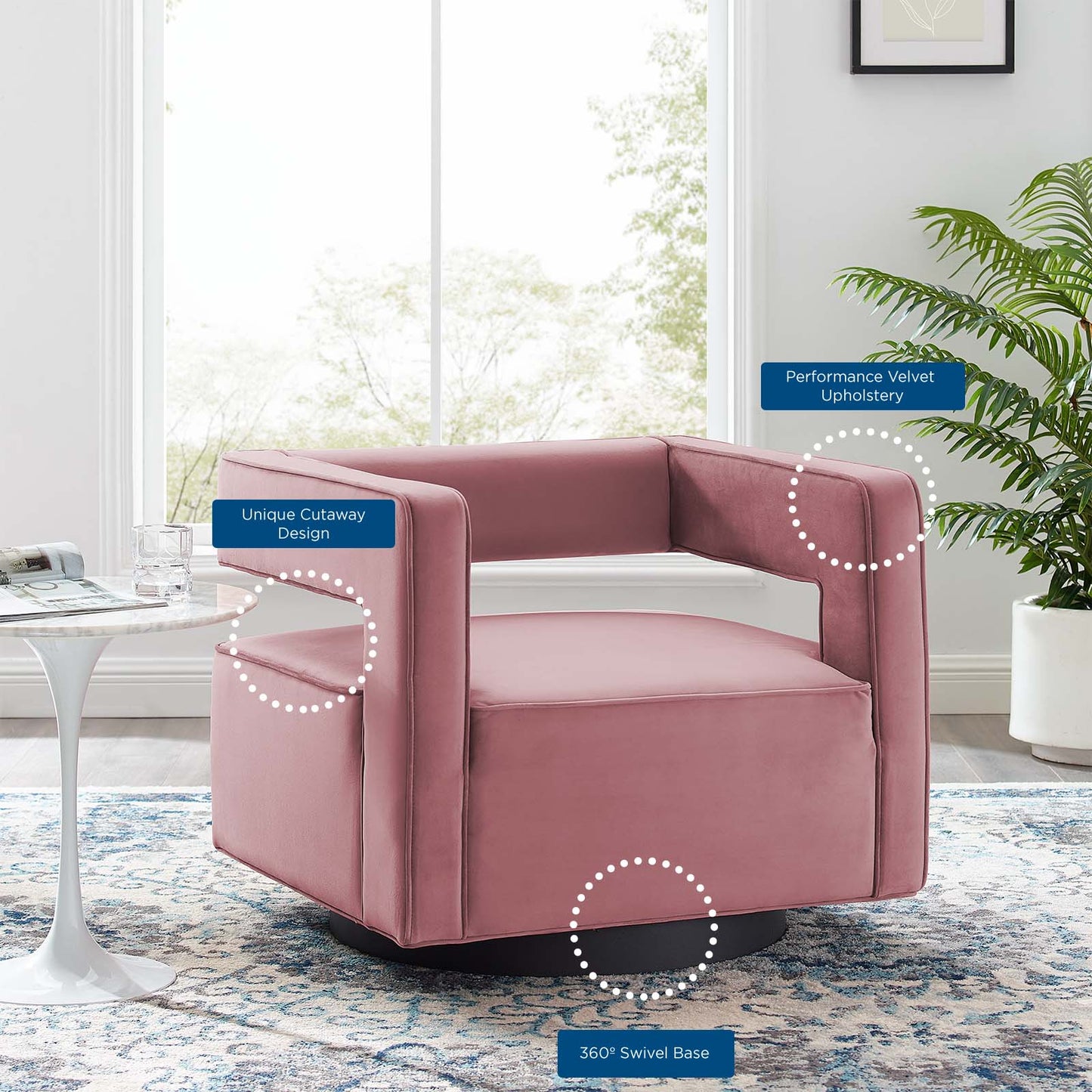 Booth Performance Velvet Swivel Armchair, Velvet, Pink, 18833