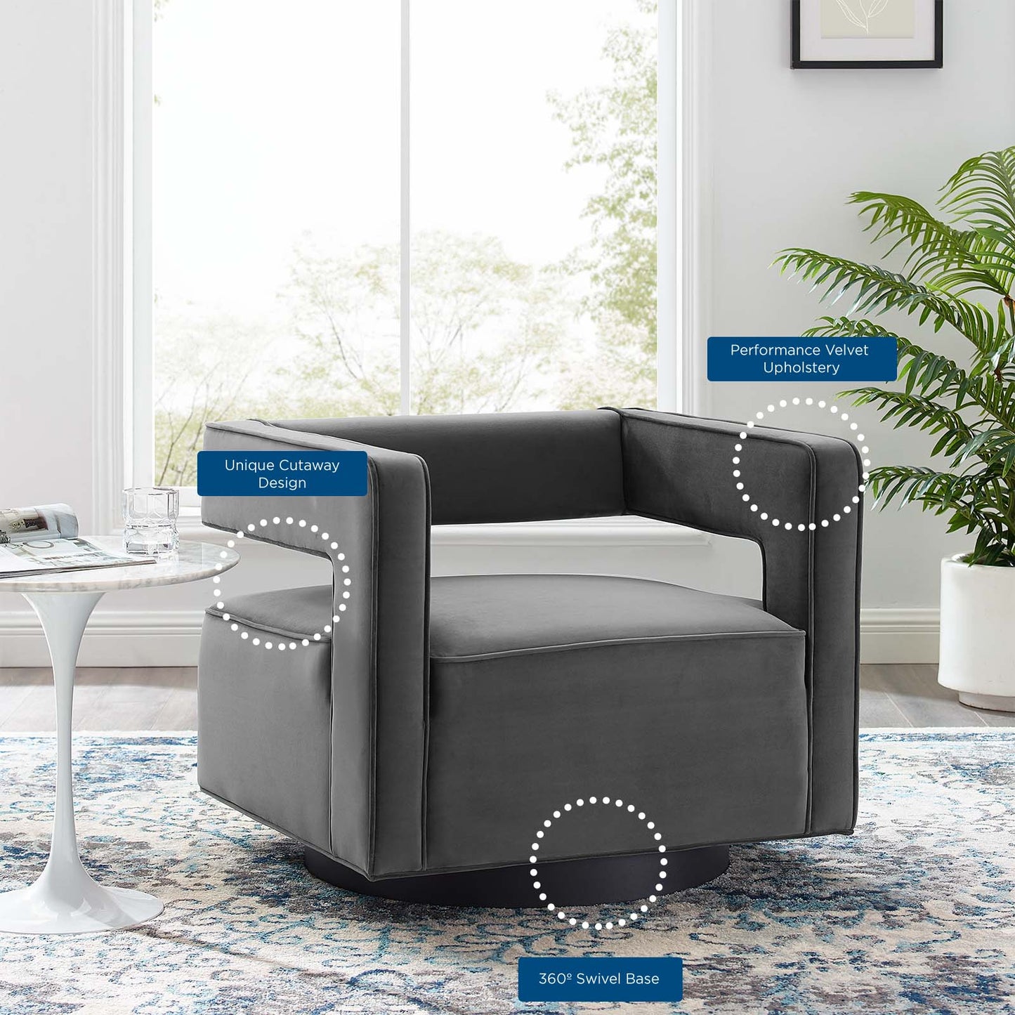 Booth Performance Velvet Swivel Armchair, Velvet, Grey Gray, 18834