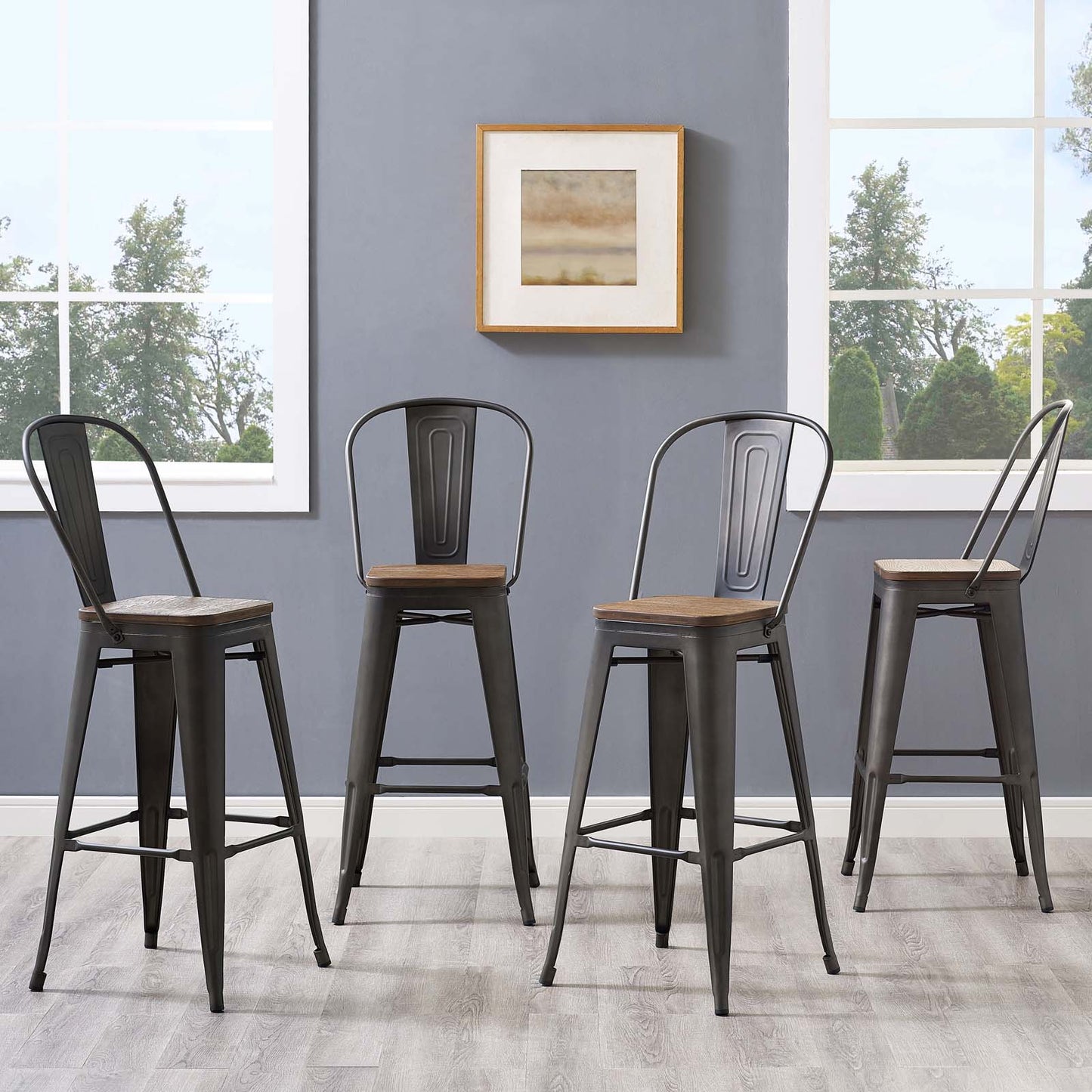Promenade Bar Stool Metal Set of 4, Wood, Metal Steel, Brown, 18841