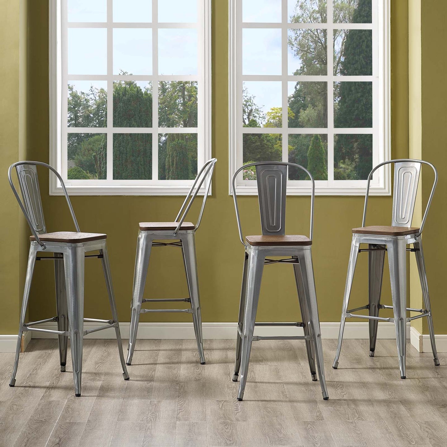 Promenade Bar Stool Metal Set of 4, Wood, Metal Steel, Gunmetal Silver, 18842