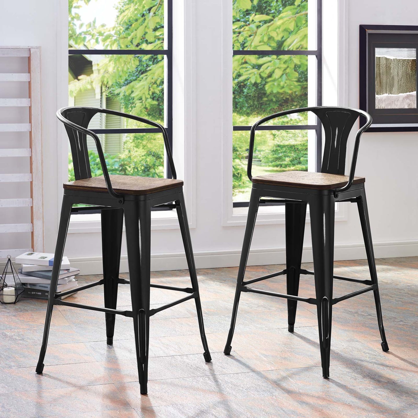Promenade Bar Stool Set of 2, Wood, Metal Steel, Black, 18848
