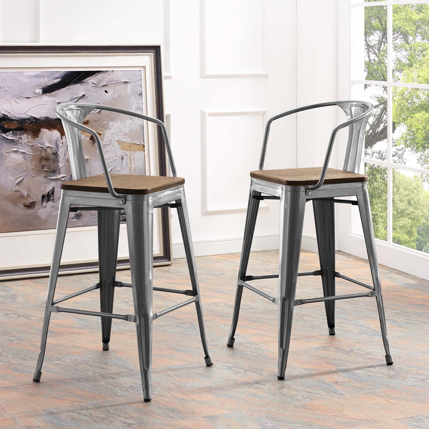 Promenade Bar Stool Set of 2, Wood, Metal Steel, Gunmetal Silver, 18850