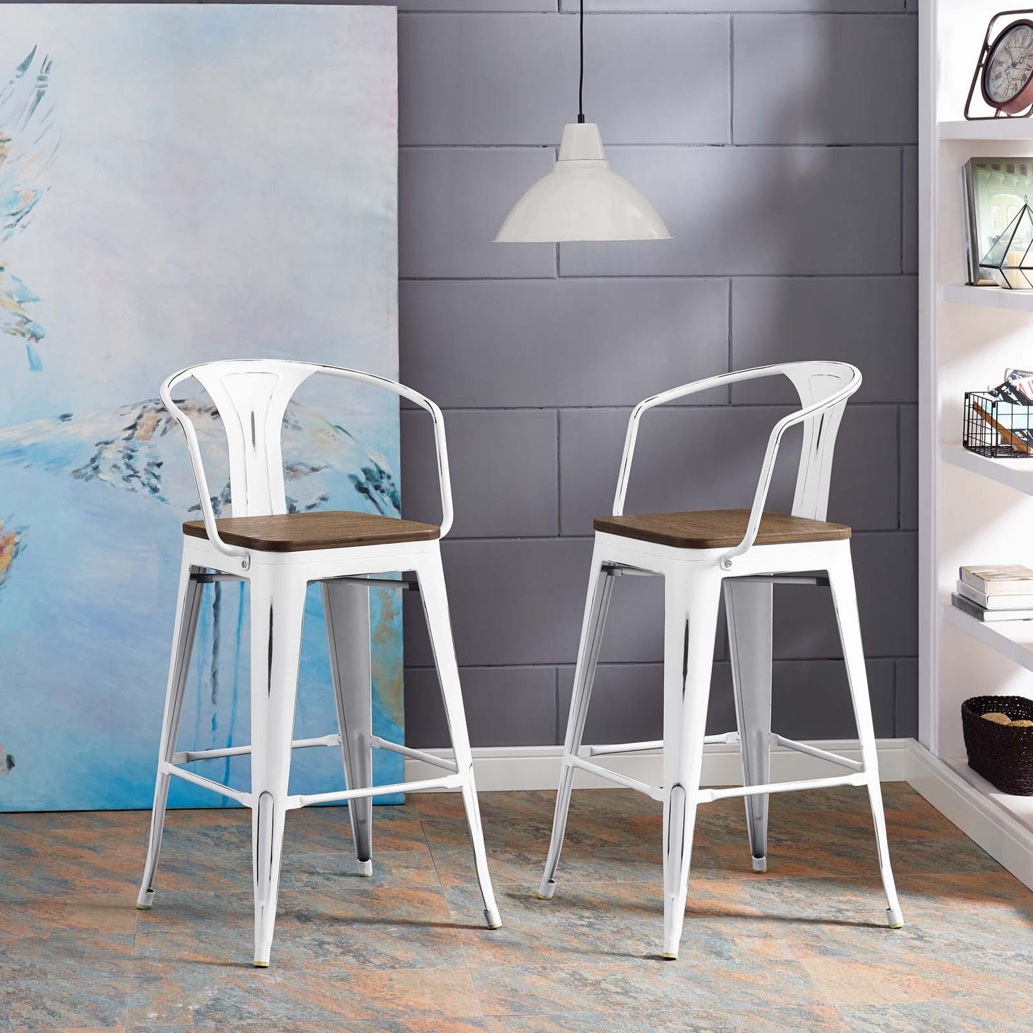 Promenade Bar Stool Set of 2, Wood, Metal Steel, White, 18851