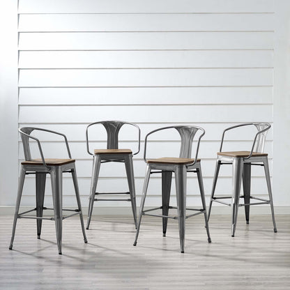 Promenade Bar Stool Set of 4, Wood, Metal Steel, Gunmetal Silver, 18854