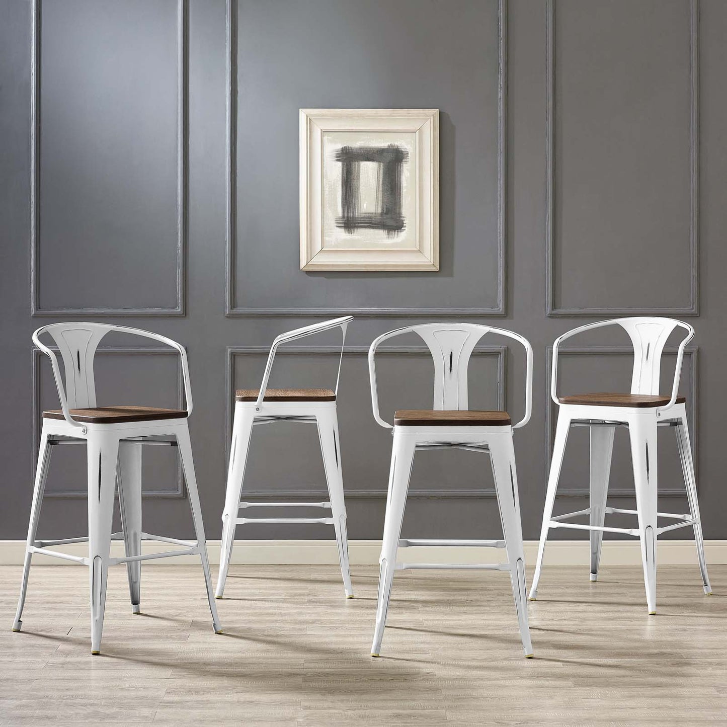 Promenade Bar Stool Set of 4, Wood, Metal Steel, White, 18855