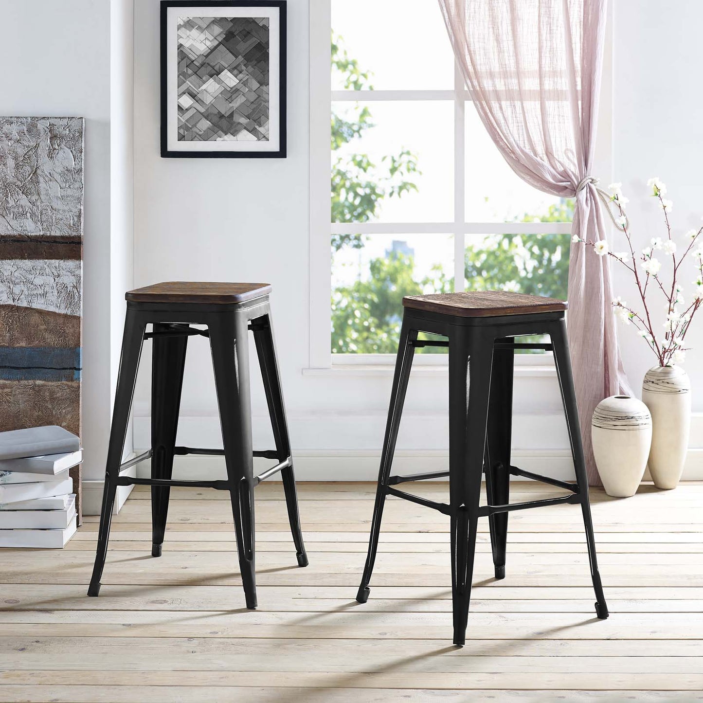 Promenade Bar Stool Set of 2, Wood, Metal Steel, Black, 18856
