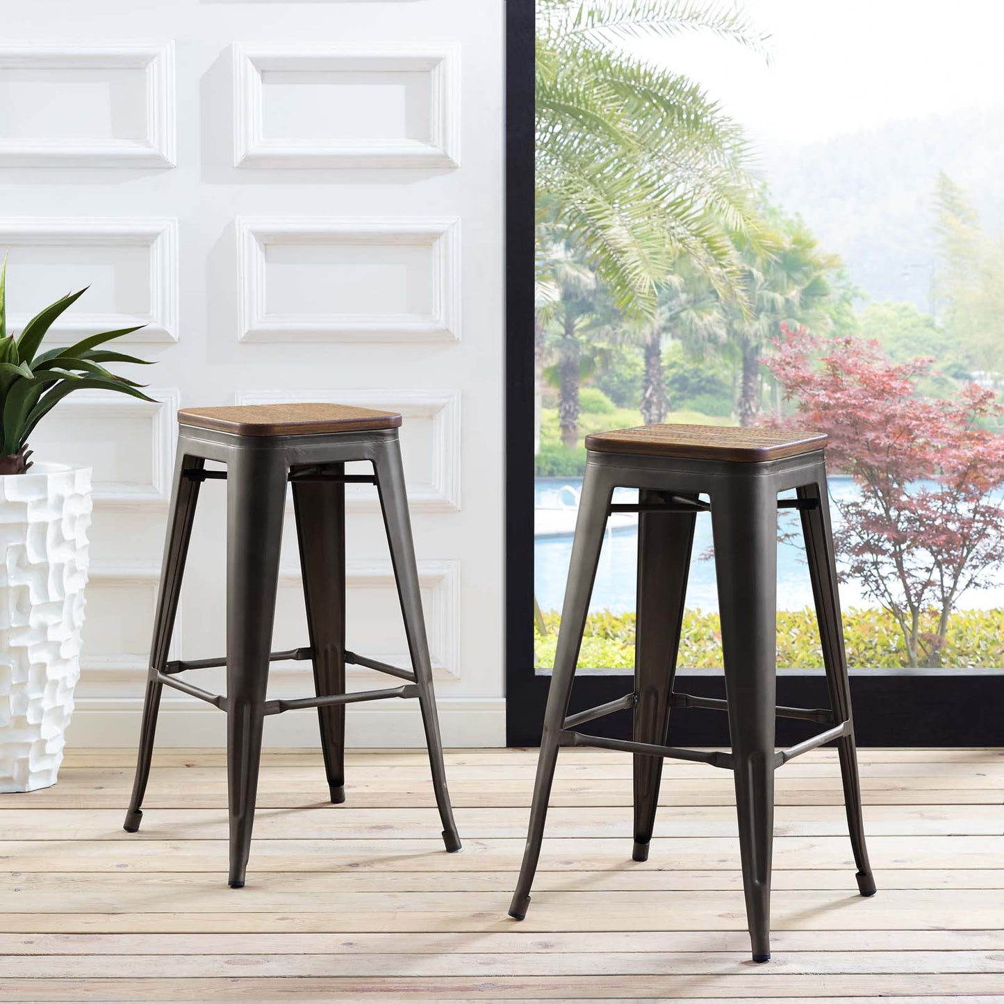 Promenade Bar Stool Set of 2, Wood, Metal Steel, Brown, 18857