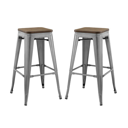 Promenade Bar Stool Set of 2, Wood, Metal Steel, Gunmetal Silver, 18858