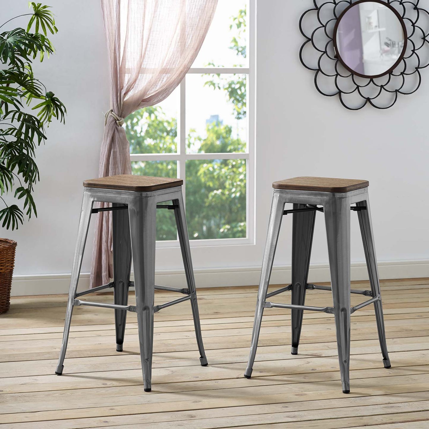 Promenade Bar Stool Set of 2, Wood, Metal Steel, Gunmetal Silver, 18858