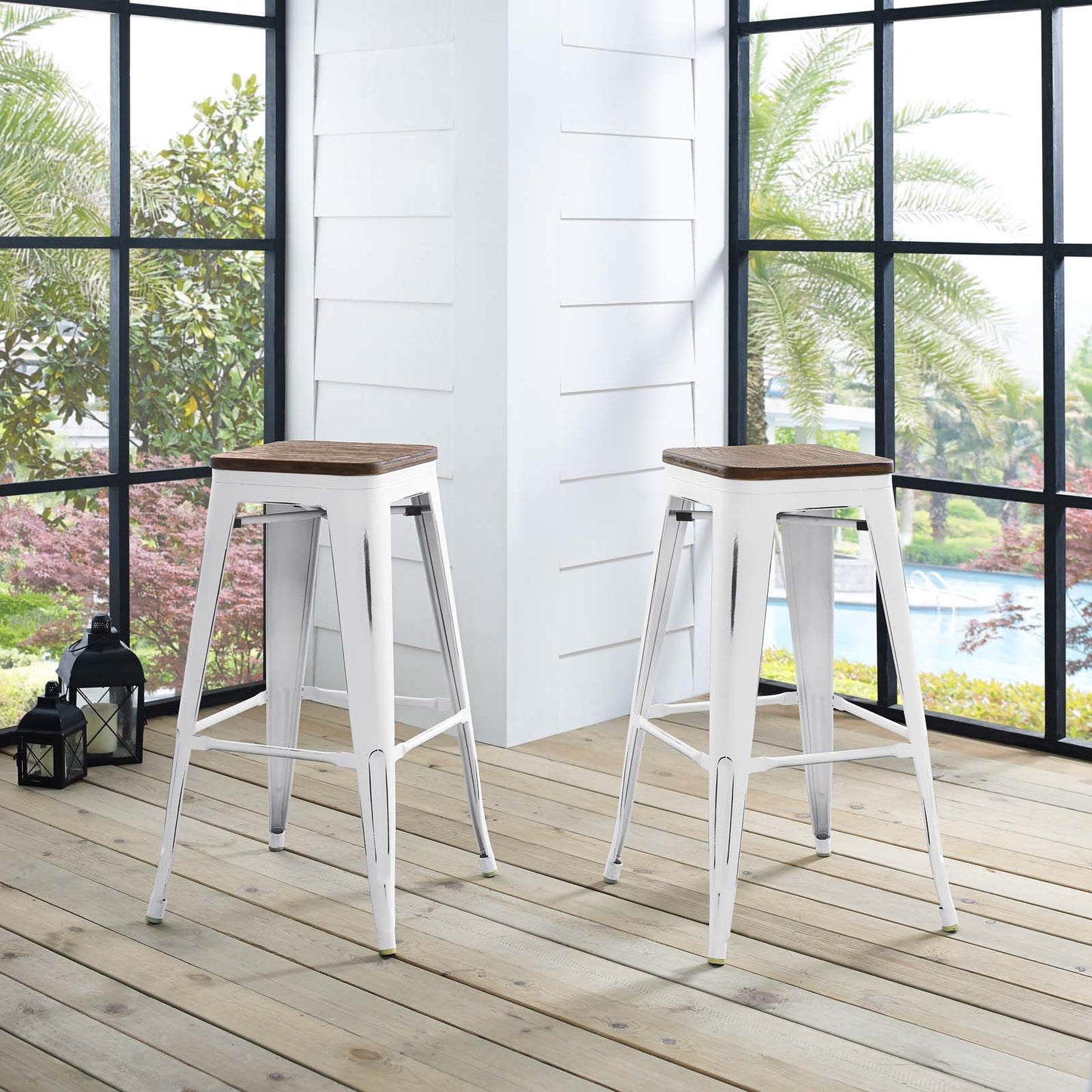 Promenade Bar Stool Set of 2, Wood, Metal Steel, White, 18859