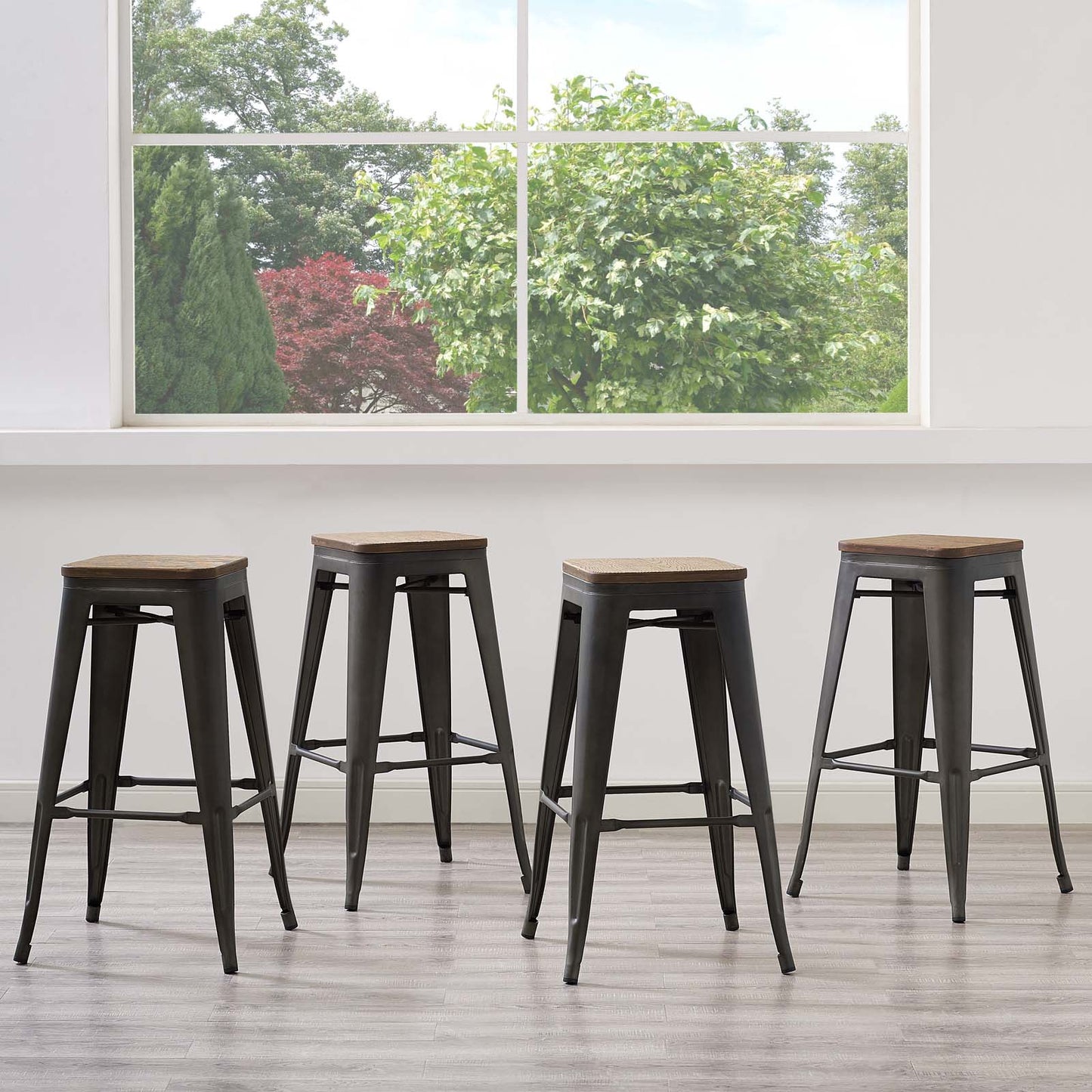 Promenade Bar Stool Set of 4, Wood, Metal Steel, Brown, 18861
