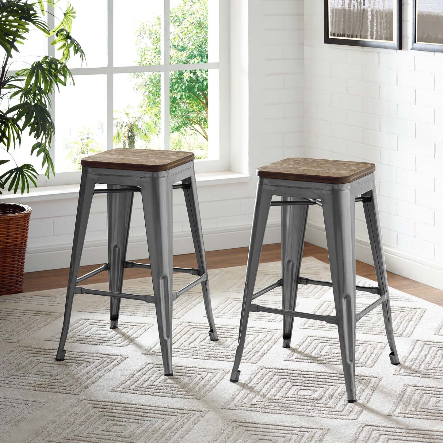 Promenade Counter Stool Set of 2, Wood, Metal Steel, Gunmetal Silver, 18866