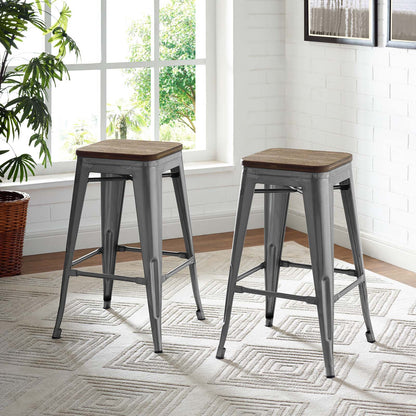 Promenade Counter Stool Set of 2, Wood, Metal Steel, Gunmetal Silver, 18866