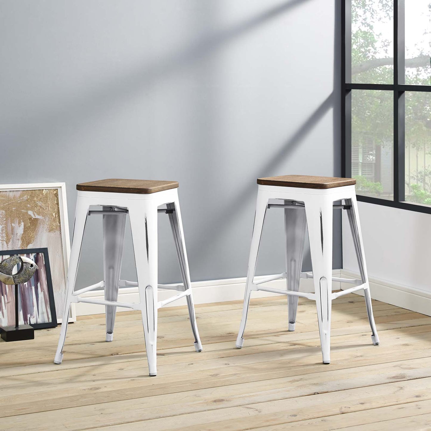 Promenade Counter Stool Set of 2, Wood, Metal Steel, White, 18867