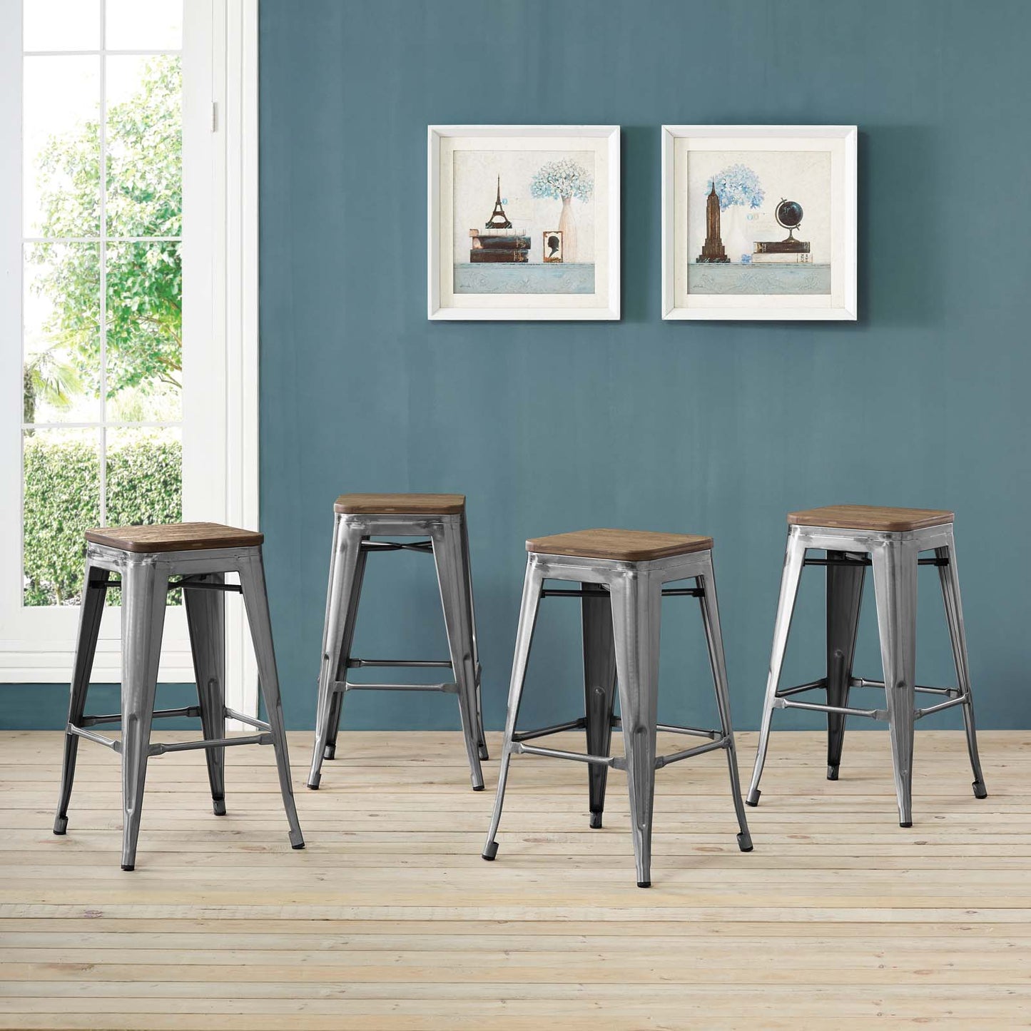 Promenade Counter Stool Set of 4, Wood, Metal Steel, Gunmetal Silver, 18870