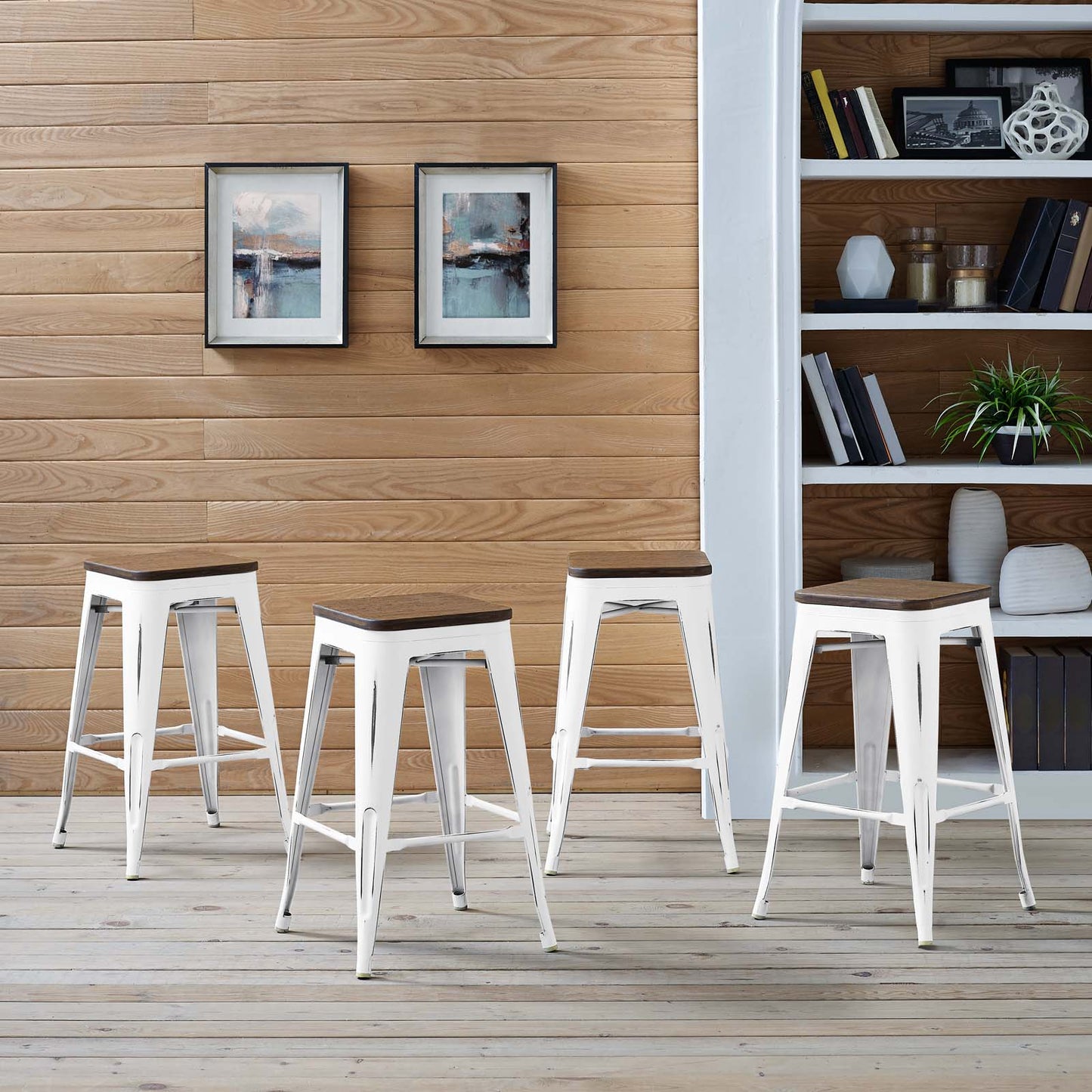 Promenade Counter Stool Set of 4, Wood, Metal Steel, White, 18871
