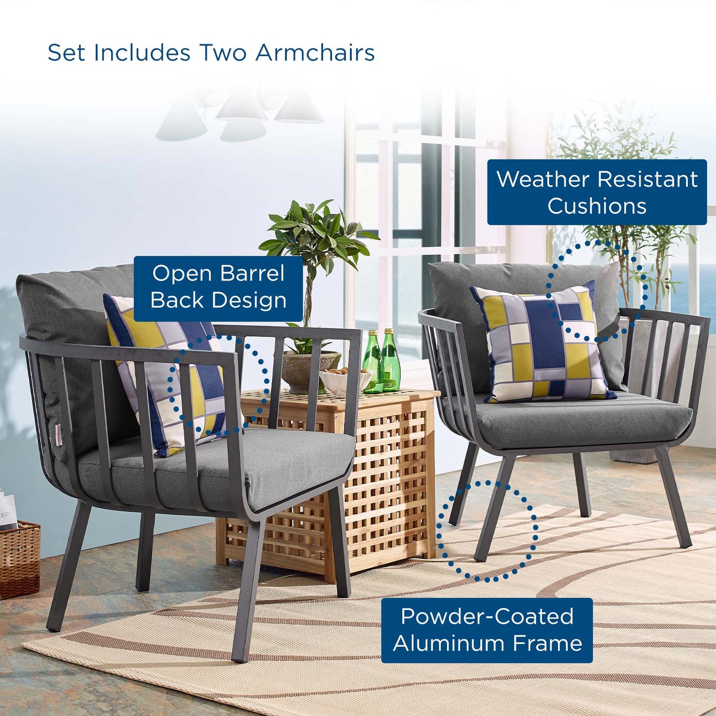 Riverside Outdoor Patio Aluminum Armchair Set of 2, Aluminum, Metal, Steel, Grey Gray, 18872